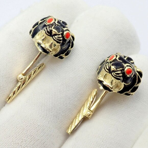 Vintage! David Webb 18k Yellow Gold Black Enamel Lion Cufflinks - Picture 7 of 13